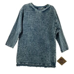 Produce Company Dress Womens Small Blue Laundered Cotton Fringe Bottom Shift NWT